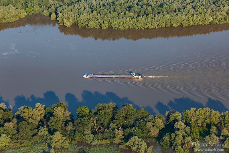 barge, navigation, transportation, danube, floodplain, river, croatia, forest