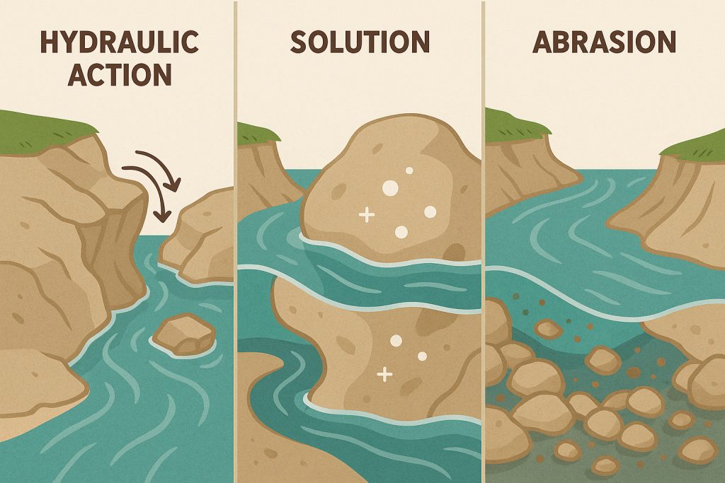 river erosion, abrasion, soluton, hydraulic action