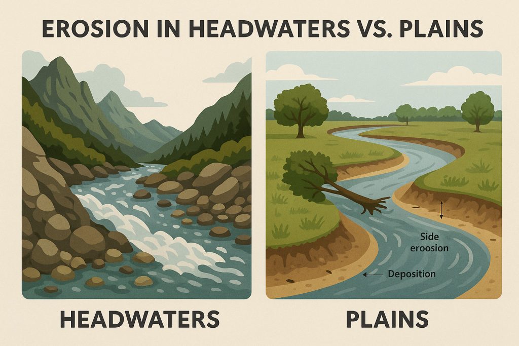 river erosion, headwaters, plains, lateral