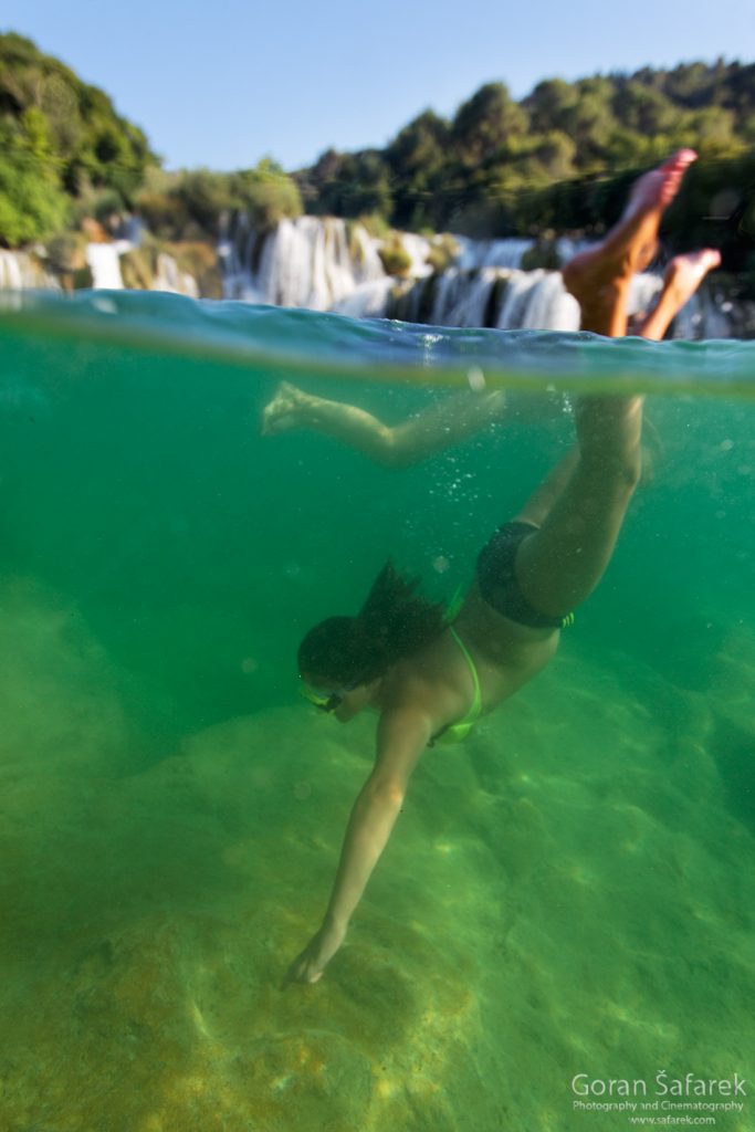 waterfall, underwater, diving, river, croatia, krka, national park