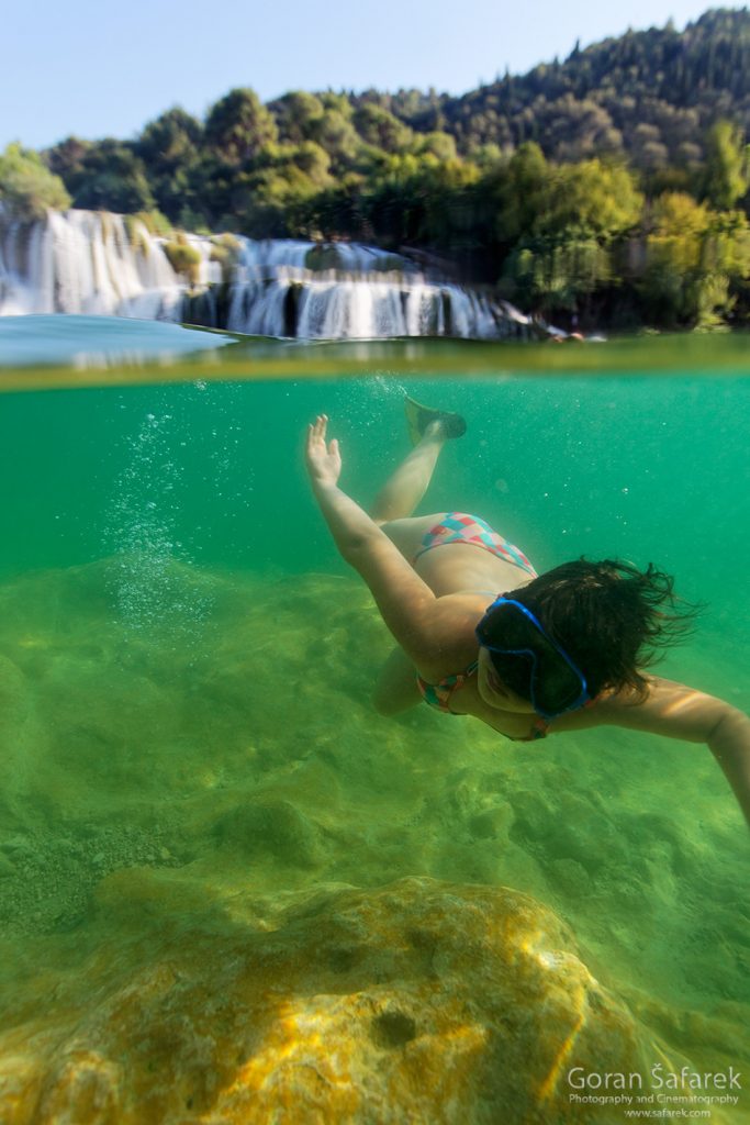 waterfall, underwater, diving, river, croatia, krka, national park